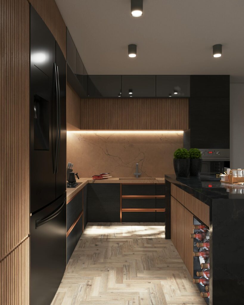 A stylish modern kitchen with sleek cabinets, LED lighting, and luxurious finishes.